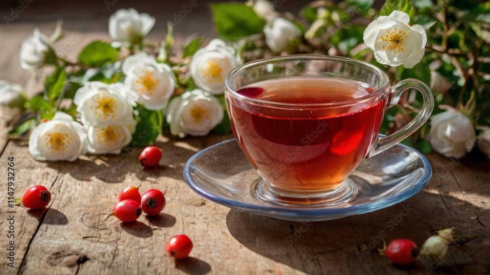 A soothing image of a cup of rosehip tea placed on a wooden table, surrounded by fresh rosehips and delicate flowers, highlighting the natural beauty and health benefits of this herbal infusion. A soothing image of a cup of rosehip tea placed on a wooden table, surrounded by fresh rosehips and delicate flowers, highlighting the natural beauty and health benefits of this herbal infusion.