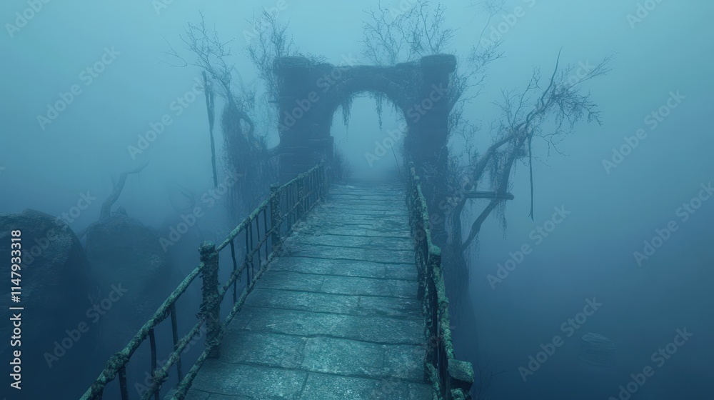 Fototapeta premium Ancient Stone Bridge Leading Through Misty Ruins