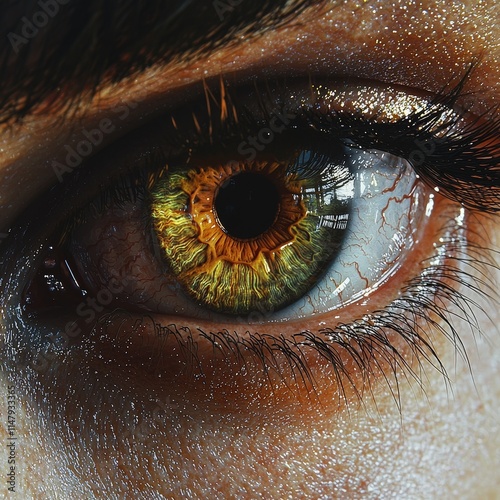 A captivating macro shot of a human iris showcasing intricate textures and vibrant golden hues, emphasizing the depth and complexity of the eye. AI generated. photo