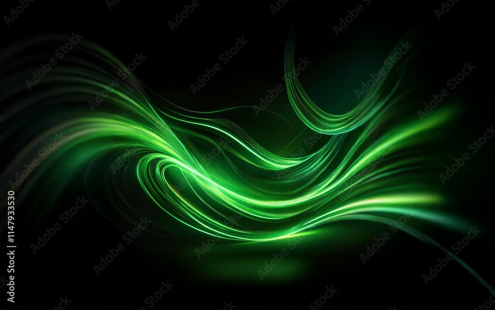 Obraz premium Abstract glowing green lines on a black background, forming a dynamic wave-like pattern.