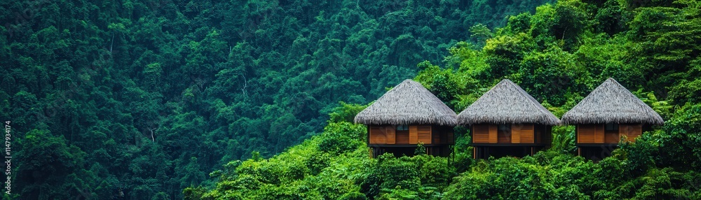Carbon neutral concept. Tranquil huts nestled in lush greenery on a hillside. Carbon neutral concept. Tranquil huts nestled in lush greenery on a hillside.