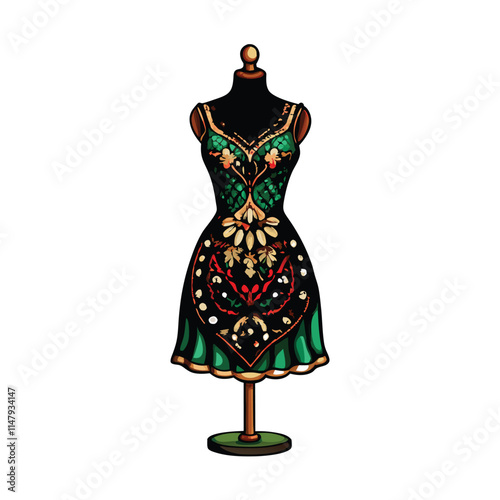 Close-up shot of a luxurious designer dress showcasing intricate beadwork and embellishments; displayed on a mannequin or dress form.