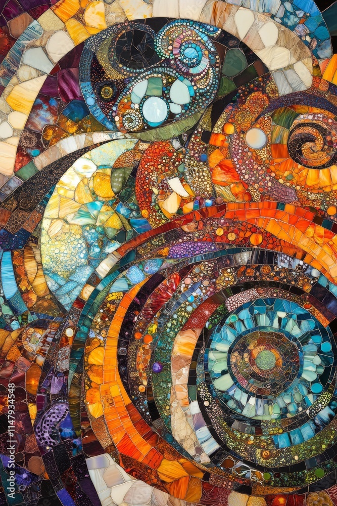 A colorful mosaic with a spiral design. The colors are orange, blue, and green. The design is made up of many small pieces A colorful mosaic with a spiral design. The colors are orange, blue, and green. The design is made up of many small pieces