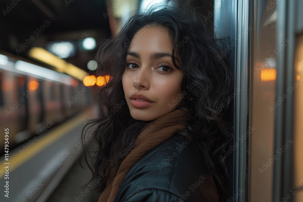 Young Hispanic woman waiting in subway station with curly hair and leather jacket Young Hispanic woman waiting in subway station with curly hair and leather jacket