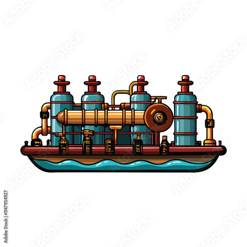 Create a detailed vector illustration of ship ballast water, showcasing its diverse microscopic organisms and sediment particles.  Include realistic detail and scientific accuracy.