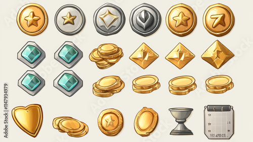 Game icons cartoon coins of gold, silver and bronze, golden trophy cup, rate stars, shield with mystic sign, magnet, calendar, award medal and money stack for user experiense Vector illustration, set photo