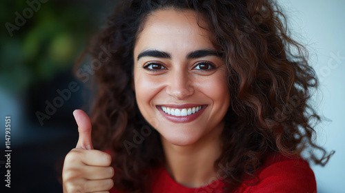 Confident young Hispanic woman smiling with thumbs up gesture
