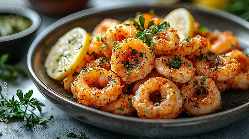 Plate of golden fried calamari with lemon slices, isolated on a light gray background