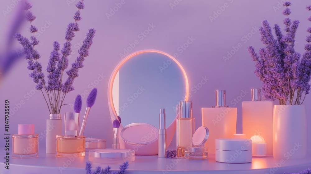 Lavender Scented Cosmetics Displayed Elegantly With Mirror Lavender Scented Cosmetics Displayed Elegantly With Mirror
