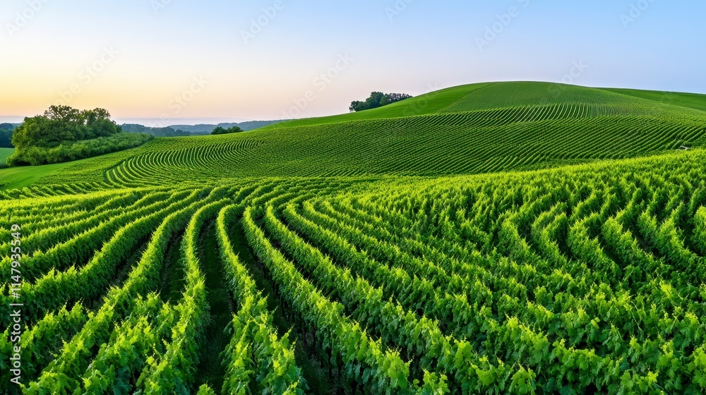 Lush green fields with rolling hills and neat rows of crops basking in the warm light of dawn, showcasing the beauty of agriculture and nature.