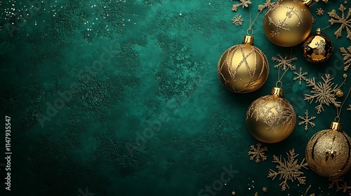Elegant art deco design Christmas card with golden baubles snowflake accents and subtle textures on rich green surface