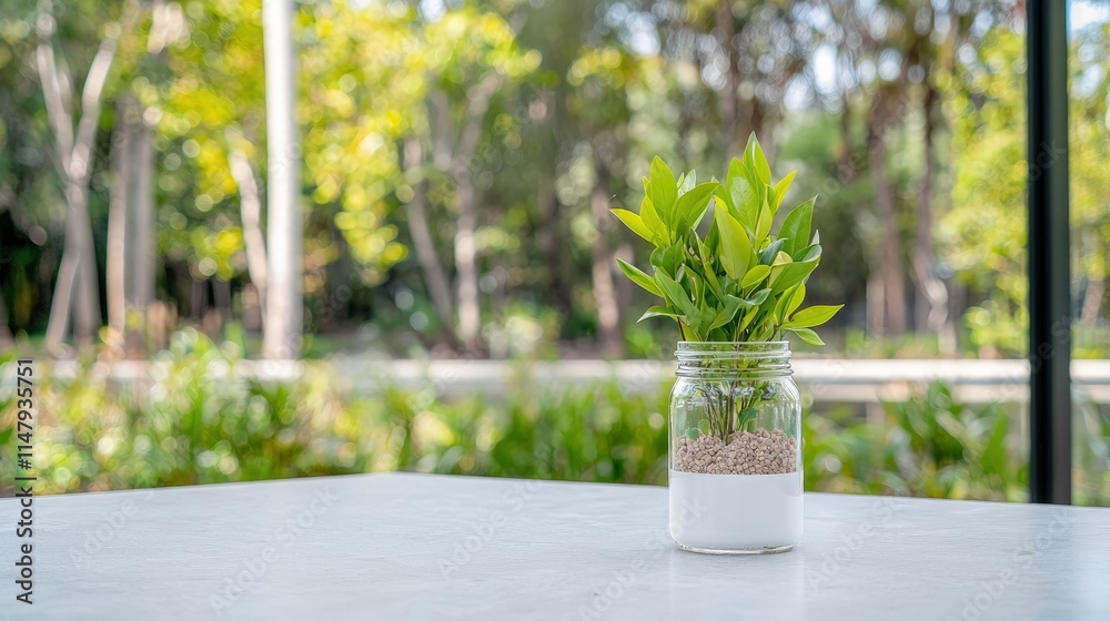 Small green plant in glass jar on white table, blurred green park background.