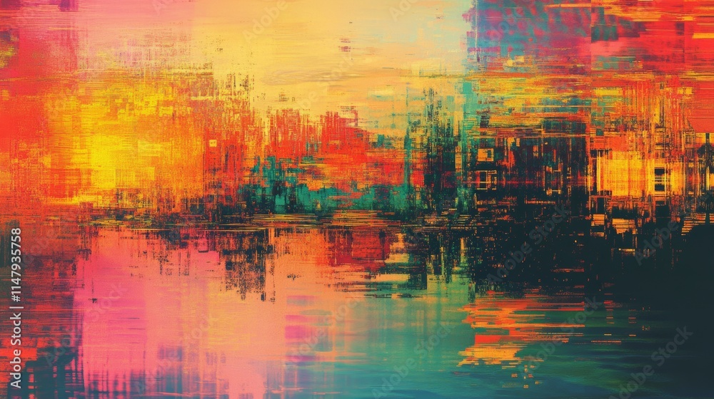 A colorful abstract painting with vivid hues and dynamic brushstrokes, reflecting beautifully on a serene water surface. A colorful abstract painting with vivid hues and dynamic brushstrokes, reflecting beautifully on a serene water surface.
