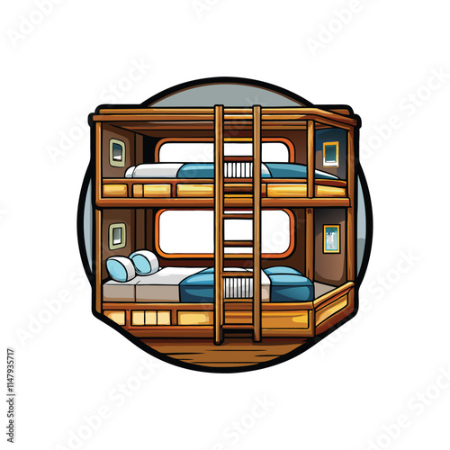 Create a detailed vector illustration of a ship's crew quarters, showing bunks, lockers, shared spaces, and personal effects.  Include realistic textures and lighting.
