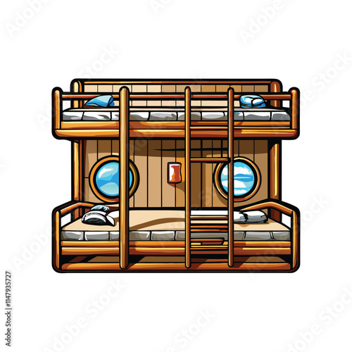 Create a highly detailed vector illustration of a ship's crew quarters, showing bunks, shared spaces, and personal effects.  Focus on realistic textures and lighting.