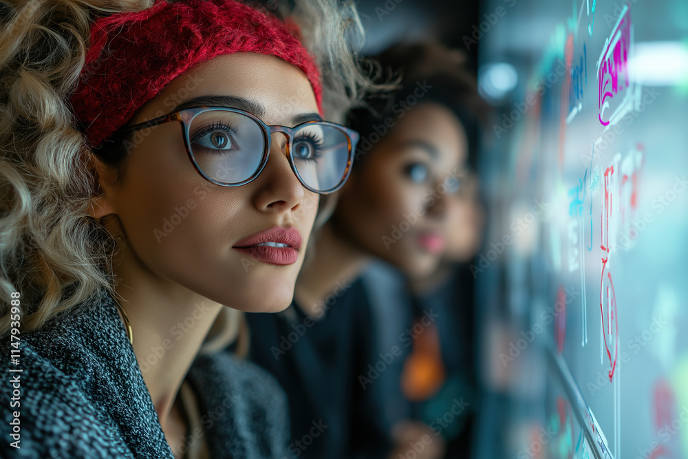Caucasian and African American young women using interactive screen in modern workspace Caucasian and African American young women using interactive screen in modern workspace