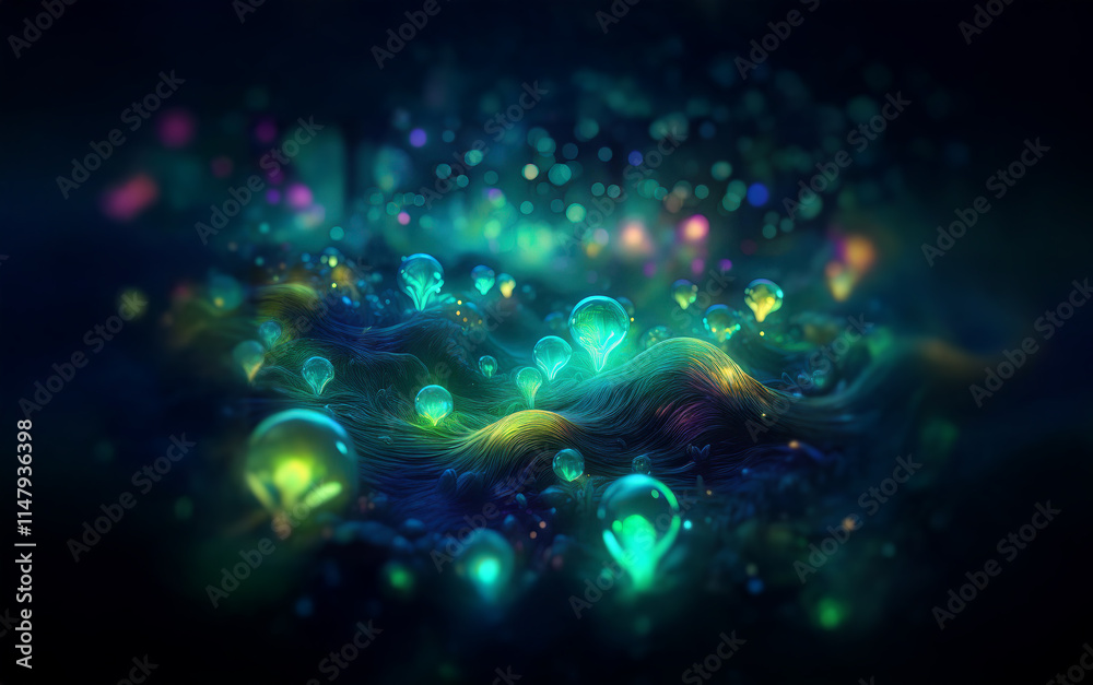 A field of glowing orbs in various shades of green and blue sit atop swirling, wavy lines against a dark background. A field of glowing orbs in various shades of green and blue sit atop swirling, wavy lines against a dark background.