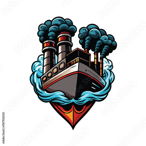 Create a detailed vector illustration of a ship's engine exhaust system, showcasing intricate piping, valves, and turbines.  Include realistic wear and grime.