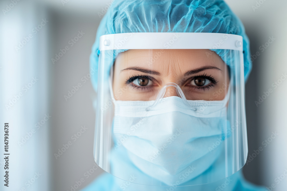 Close-up of a healthcare professional wearing a face mask, protective shield, and medical cap, emphasizing safety and focus in care Close-up of a healthcare professional wearing a face mask, protective shield, and medical cap, emphasizing safety and focus in care