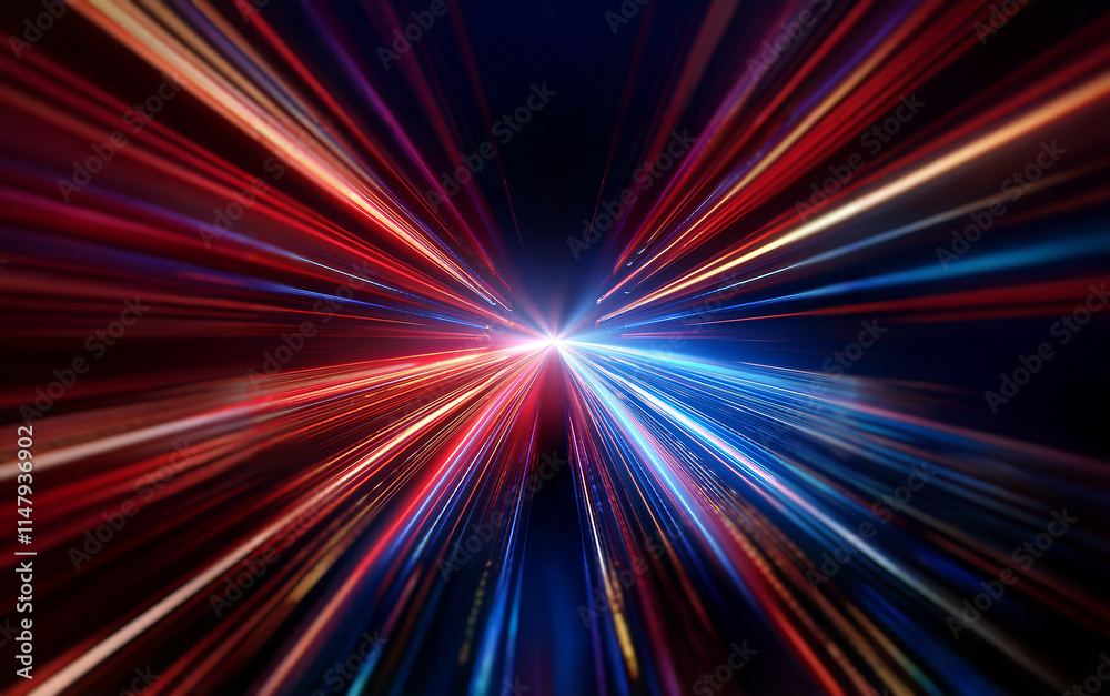 Abstract image of a bright light surrounded by streaks of red, blue, and white light. Abstract image of a bright light surrounded by streaks of red, blue, and white light.