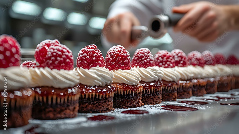 Fototapeta premium A chef piping whipped cream onto a row of desserts, masterpiece, ultra realistic, 8k, best quality, isolated on a professional kitchen surface