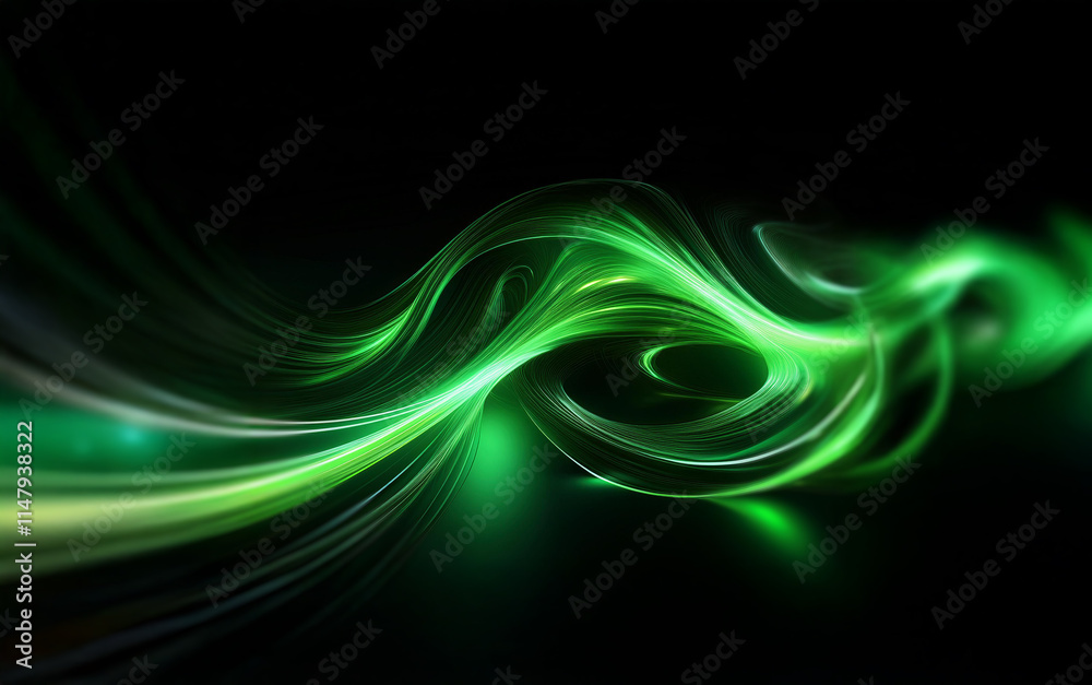 Fototapeta premium Abstract green light streaks form swirling, dynamic shapes against a black background.