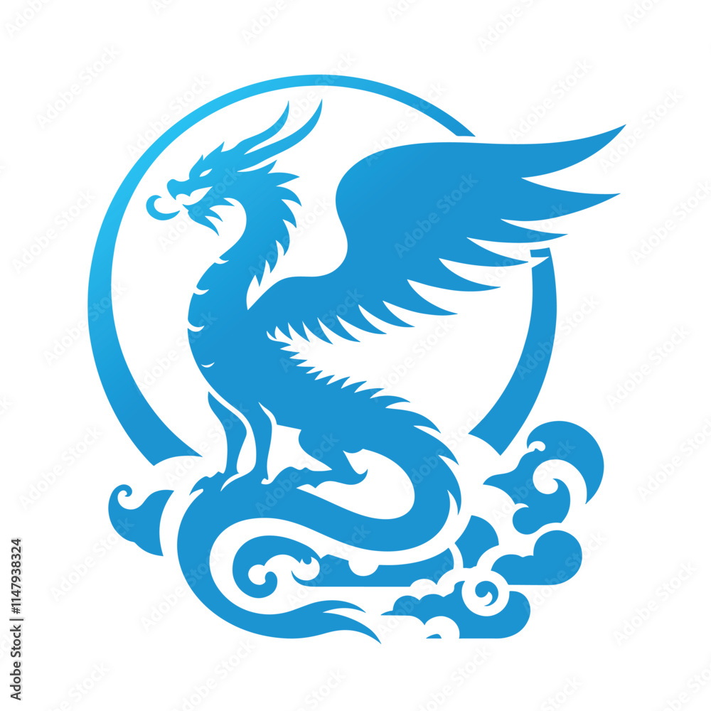 Blue dragon silhouette in circle. Blue dragon silhouette in circle.