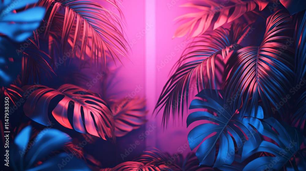 Summer beach night party dark banner template with tropical leaves and rectangular neon glowing frame with empty copy space. Palm tree and monstera foliage with pink fluorescent rectangle border.