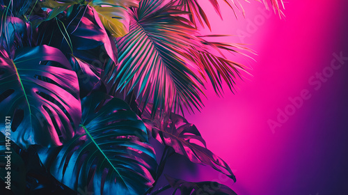 Summer beach night party dark banner template with tropical leaves and rectangular neon glowing frame with empty copy space. Palm tree and monstera foliage with pink fluorescent rectangle border.