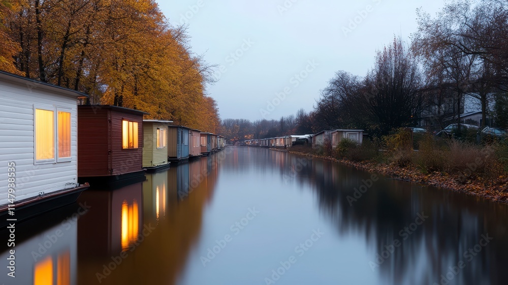 A tranquil canal scene featuring colorful houseboats, autumn foliage, and warm lights reflecting on calm waters at dusk. A tranquil canal scene featuring colorful houseboats, autumn foliage, and warm lights reflecting on calm waters at dusk.