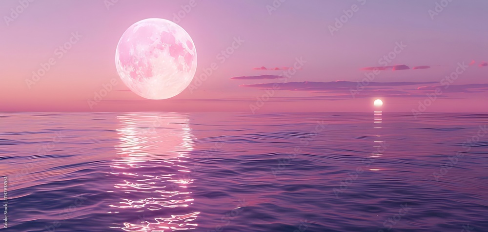 Pink moonrise over tranquil ocean at sunset. Pink moonrise over tranquil ocean at sunset.