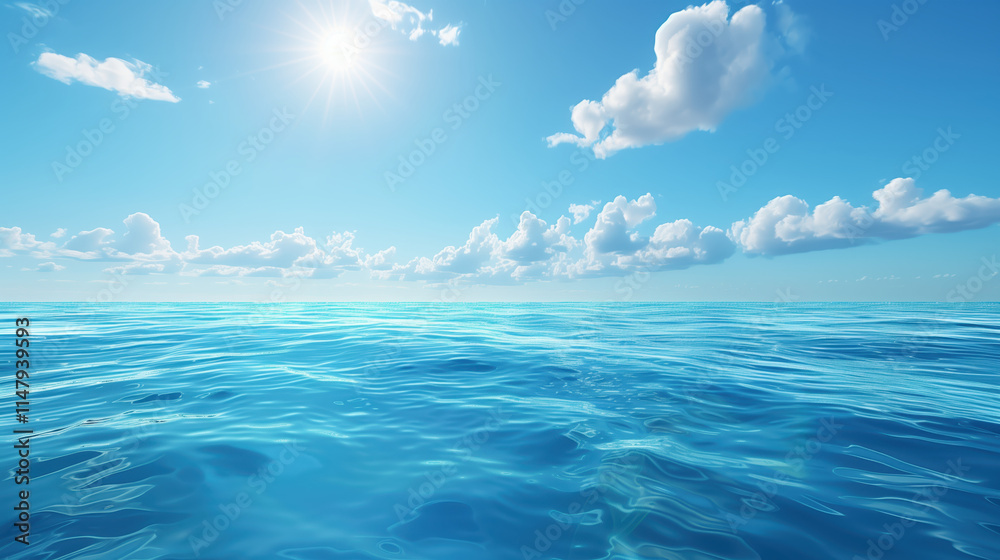 Fototapeta premium Stunning Ocean Horizon with Clear Blue Sky and Fluffy Clouds, Perfect for Travel Blogs and Nature Photography Enthusiasts