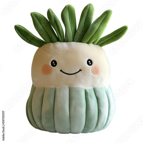 Green-Brown Plush Cactus Toy with Friendly Expression, Transparent PNG for Decorative Purposes