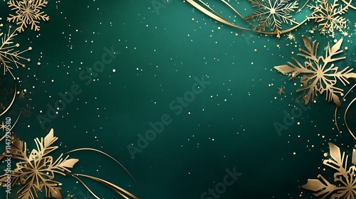 Elegant Christmas card design with art deco festive elements gold snowflakes and luxurious green background texture