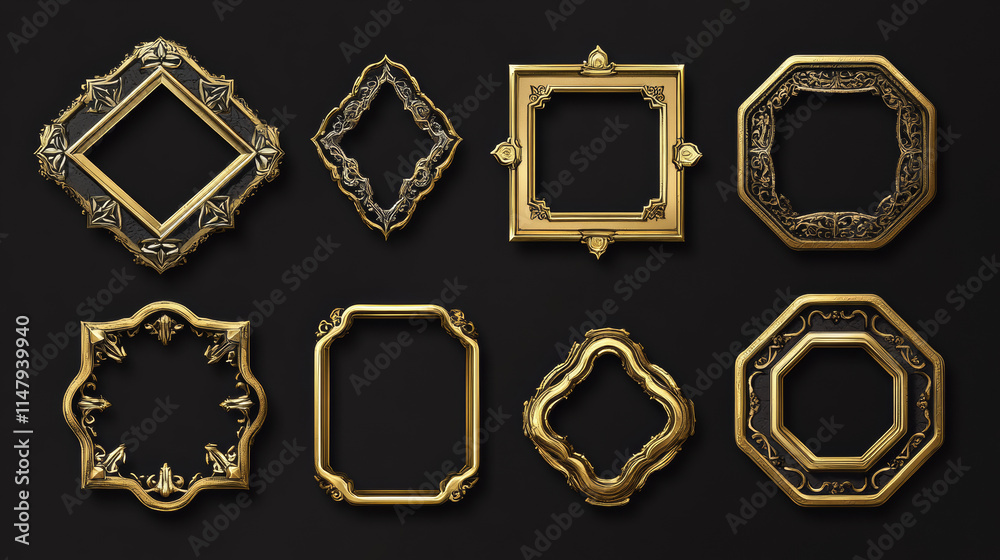 Ui game frames, gold textured round, square and hexagon borders with ornate rims and decor. Cartoon isolated graphic design gui elements for medieval rpg game or app, Vector illustration, set Ui game frames, gold textured round, square and hexagon borders with ornate rims and decor. Cartoon isolated graphic design gui elements for medieval rpg game or app, Vector illustration, set