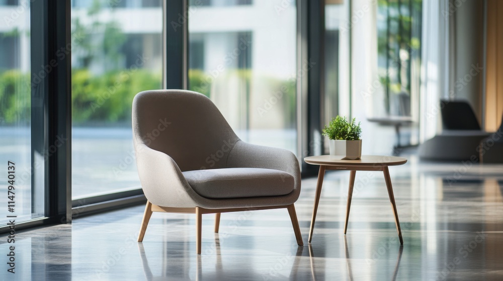 Minimalist modern lounge with sleek, open decor. Featuring clean lines and soft colors