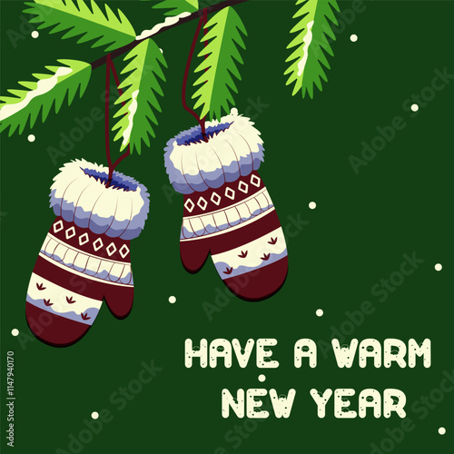 A cozy New Year illustration featuring knitted mittens with a Nordic pattern hanging from a tree branch. Set against a dark green background with snowflakes, it radiates warmth and festive charm.