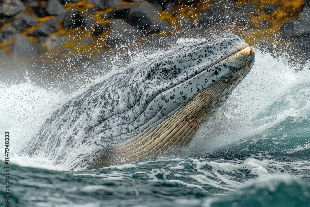 Fototapeta premium Majestic humpback whale breaching, ocean spray, close-up view of its textured skin and baleen plates.