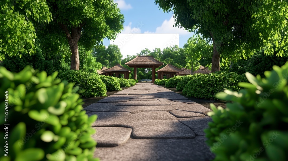 A serene garden pathway lined with lush greenery, leading to a gazebo under a clear blue sky, creating a tranquil outdoor setting. A serene garden pathway lined with lush greenery, leading to a gazebo under a clear blue sky, creating a tranquil outdoor setting.
