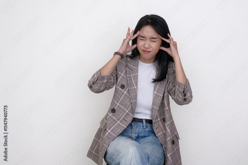 Female employee standing and pressing her forehead with hands, suffering from headache Female employee standing and pressing her forehead with hands, suffering from headache