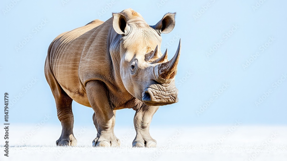 Fototapeta premium Majestic white rhinoceros standing on a vast, white plain under a clear sky.