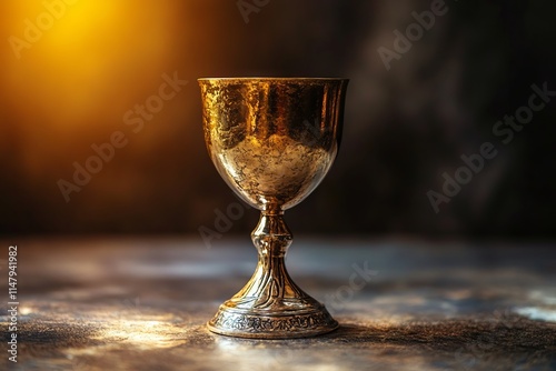 A gold cup sits on a table. The cup is shiny and has a gold rim. The table is dark and the cup is the only object in the image