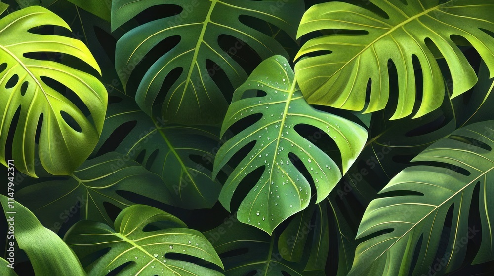 Obraz premium Lush green tropical leaves with dew drops.