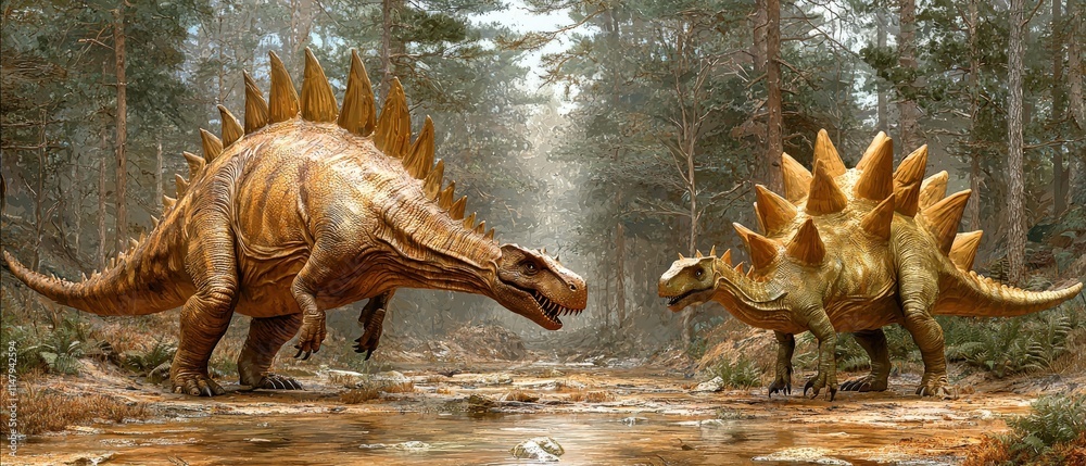 Obraz premium Two majestic Stegosaurus dinosaurs face each other in a prehistoric forest, showcasing their impressive plates and size. A tranquil stream flows between them.