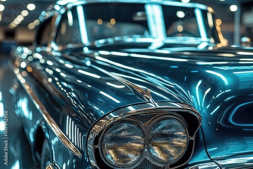 A gleaming teal classic car, showcasing its polished hood and intricate headlight design. photo