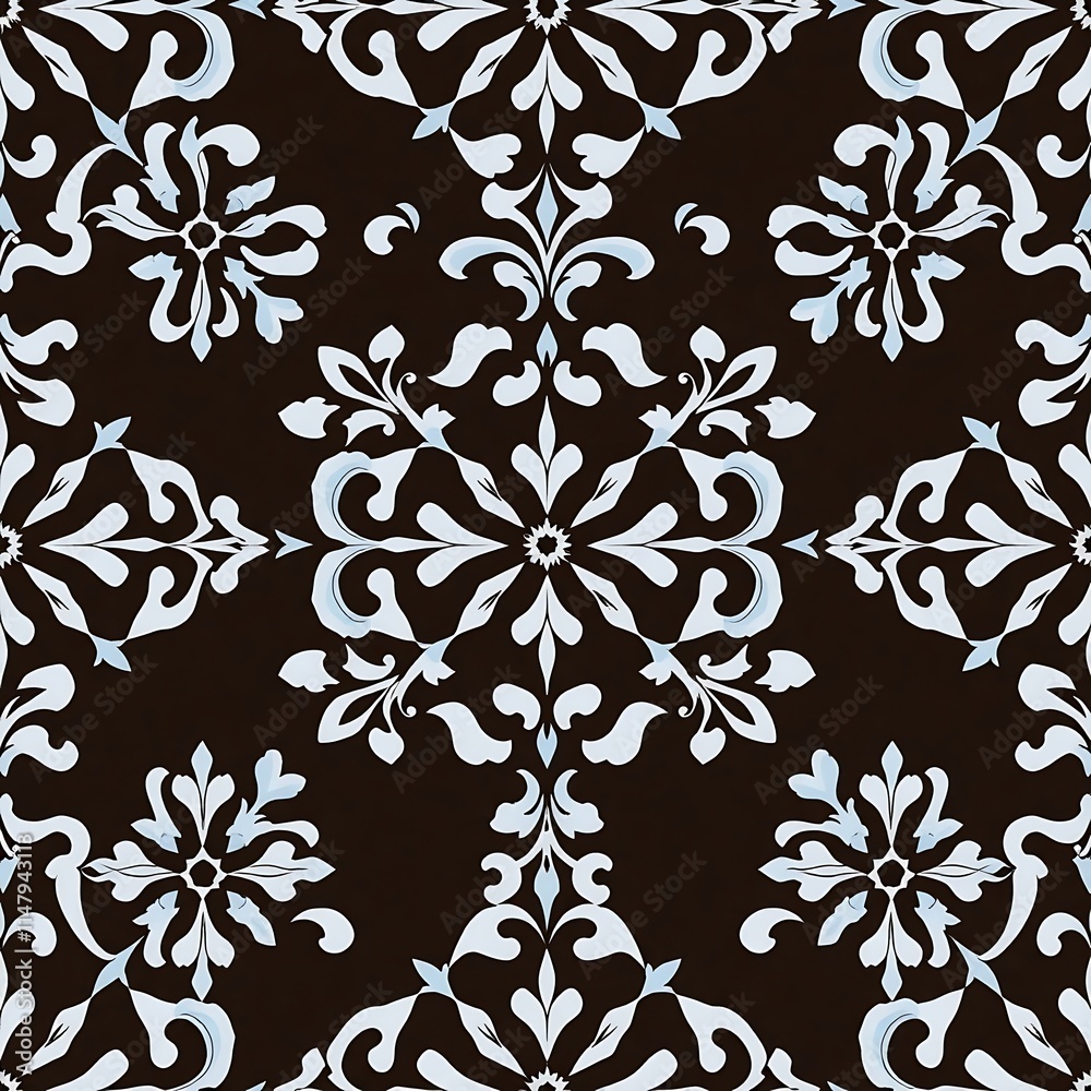 Fototapeta premium Damask seamless pattern: Elegant dark brown and light blue floral design