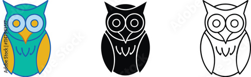 Three Owl Designs Teal, Black, and Outline Illustrations