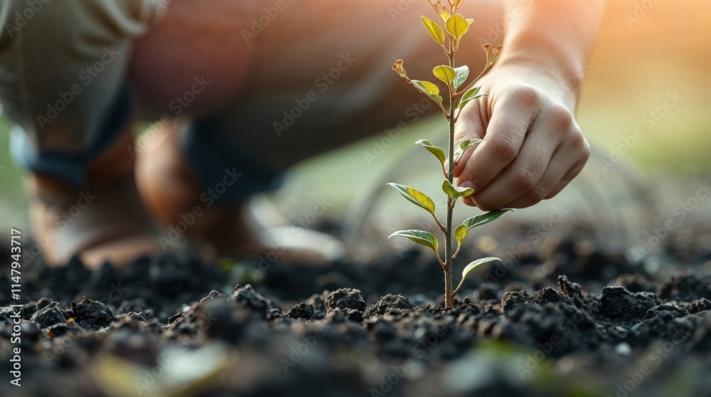 Fototapeta premium Close-up hands of gardener planting