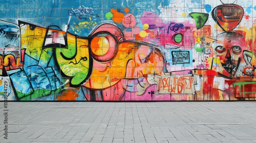 Fototapeta premium Vibrant Urban Street Art Mural Displaying Colorful Graffiti and Artistic Expressions in a Lively City Setting