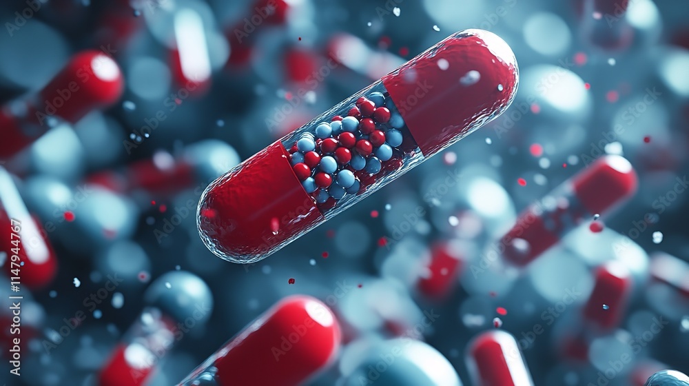 Colorful capsule with blue and red particles floating in a vibrant background Colorful capsule with blue and red particles floating in a vibrant background